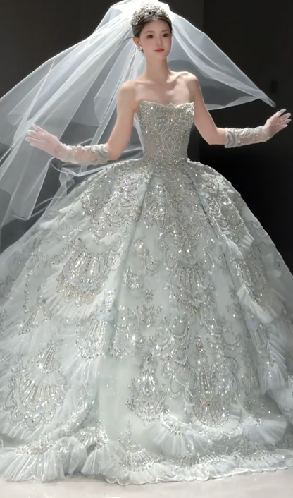 Elegant  A-Line Long Wedding Dress Tulle Beaded  Bridal Gowns Sleeveless Bridal Dress DP04974