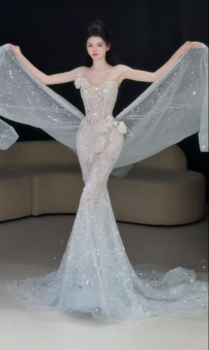 Elegant Mermaid Long Wedding Dress Tulle Sweetheart Bridal Gowns Sleeveless Bridal Dress DP04976
