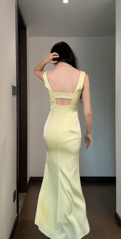 Chic Yellow Bridesmaid Dress Satin Sheath Sleeveless Wedding Guest Dress Straps Evening Dress DP04985