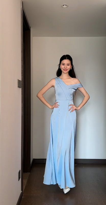 Chic Blue Bridesmaid Dress Satin A-Line Sleeveless Wedding Guest Dress Off-shoulder Evening Dress DP04987