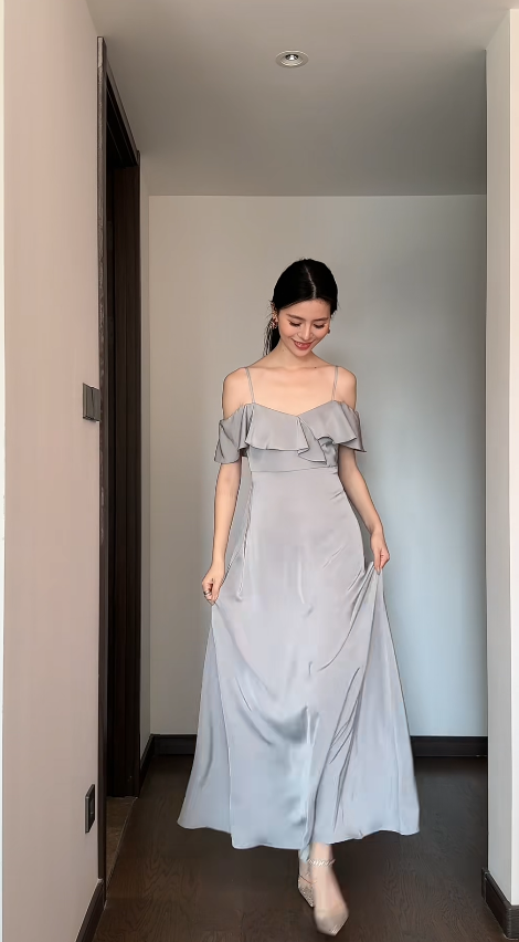 Chic Gray Bridesmaid Dress Satin A-Line Sleeveless Wedding Guest Dress Off-shoulder Evening Dress DP04988