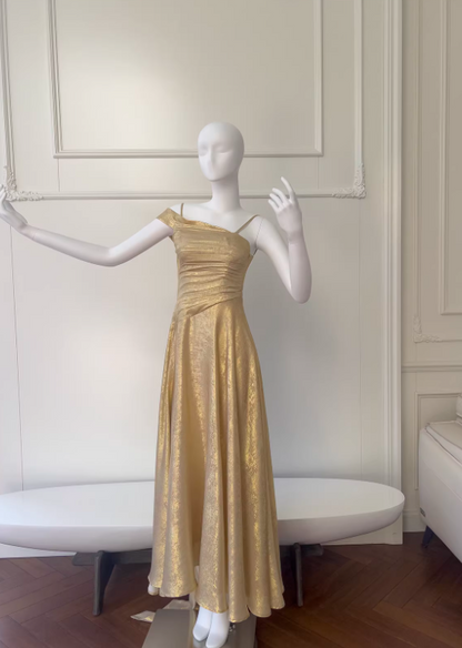 Chic Gold Birthday Dress A-Line Long Prom Dress Satin Sleeveless Evening Dress DP04989