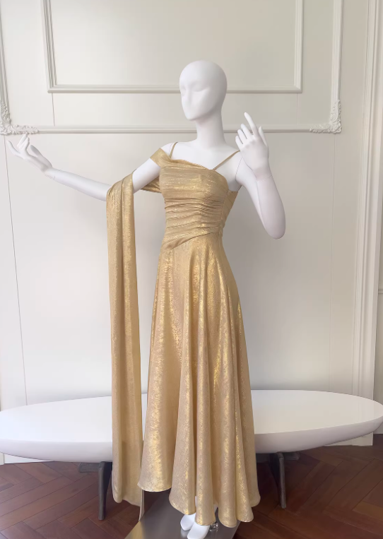 Chic Gold Birthday Dress A-Line Long Prom Dress Satin Sleeveless Evening Dress DP04989