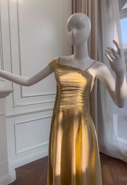 Chic Gold Birthday Dress A-Line Long Prom Dress Satin Sleeveless Evening Dress DP04989
