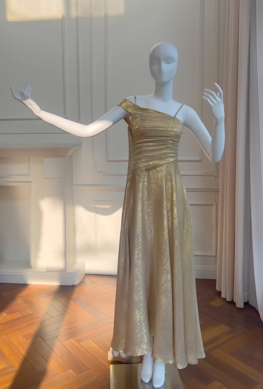 Chic Gold Birthday Dress A-Line Long Prom Dress Satin Sleeveless Evening Dress DP04989