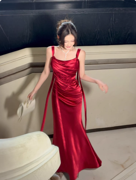 Chic Burgundy Birthday Dress Satin Sheath Long Prom Dress Straps Sleeveless Evening Dress DP04990