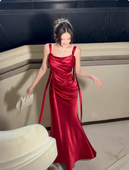 Chic Burgundy Birthday Dress Satin Sheath Long Prom Dress Straps Sleeveless Evening Dress DP04990