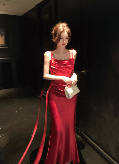 Chic Burgundy Birthday Dress Satin Sheath Long Prom Dress Straps Sleeveless Evening Dress DP04990