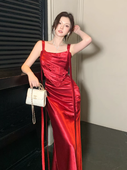 Chic Burgundy Birthday Dress Satin Sheath Long Prom Dress Straps Sleeveless Evening Dress DP04990