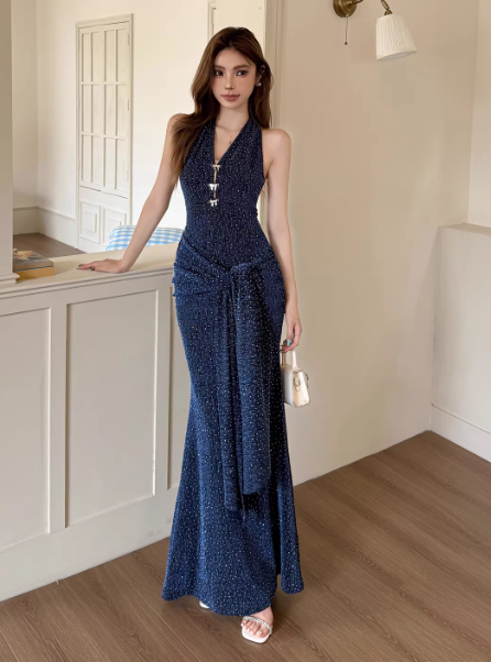 Chic Navy Blue Birthday Dress  Mermaid Long Prom Dress V-neck Sleeveless Evening Dress DP04991