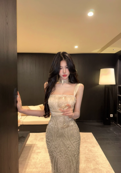 Chic White Long Prom Dress Satin Beaded Straps Sheath Evening Dress Sleeveless Party Dress DP04995