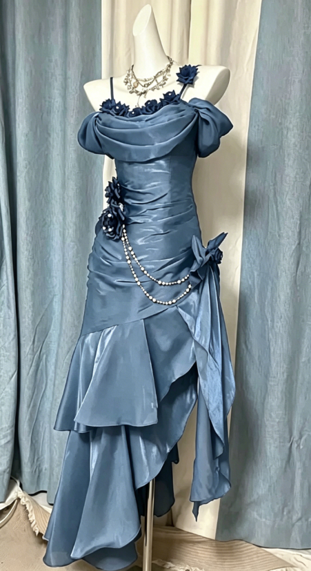 Chic Navy Blue Long Prom Dress Satin Straps Sheath Evening Dress Sleeveless Birthday Dress DP04996