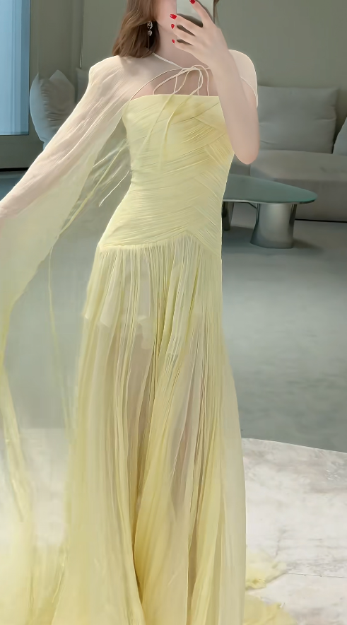 Fashion Yellow Long Prom Dress Chiffon Strapless Sheath Evening Dress Sleeveless Birthday Dress DP04997