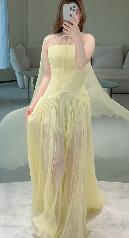 Fashion Yellow Long Prom Dress Chiffon Strapless Sheath Evening Dress Sleeveless Birthday Dress DP04997
