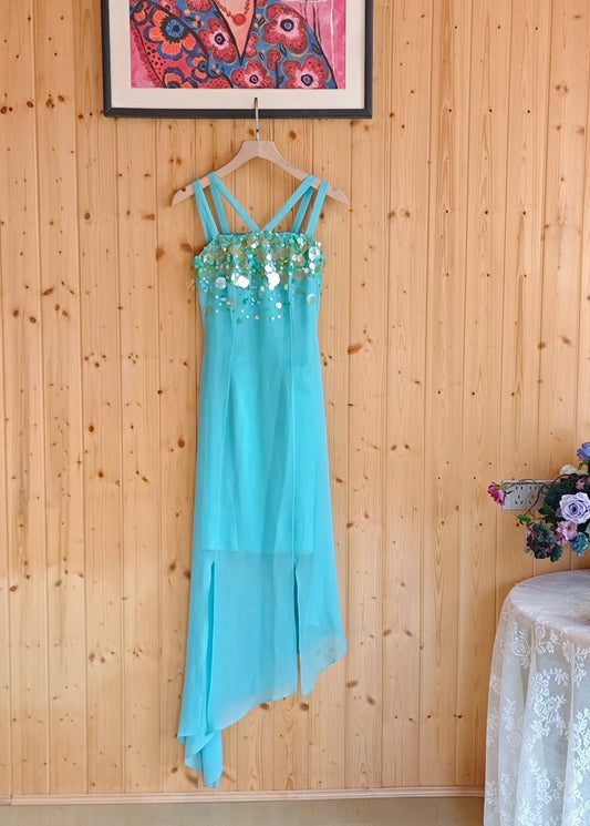 Elegant Blue Long Prom Dress Chiffon Straps Sheath Evening Dress Sleeveless Wedding Guest Dress DP04998