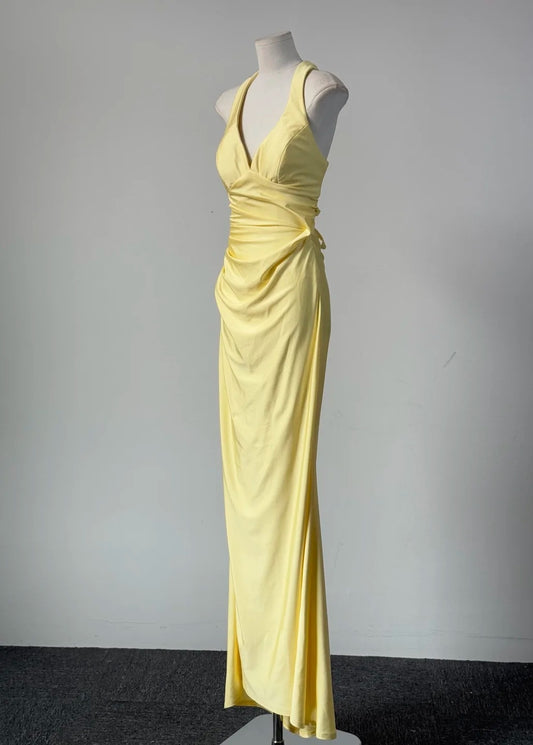 Elegant Yellow Wedding Guest Outfit Halter Satin Sheath Long Prom Dress Backless Evening Dress DP04999