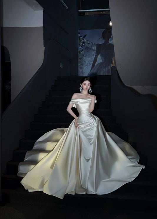 Elegant Sheath Long Wedding Dress Off-shoulder Satin White Bridal Gown Cup Sleeves Bridal Dress DP05001