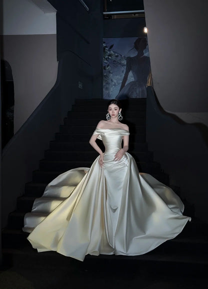 Elegant Sheath Long Wedding Dress Off-shoulder Satin White Bridal Gown Cup Sleeves Bridal Dress DP05001