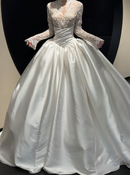 Elegant A-Line Long Wedding Dress Satin V-Neck White Bridal Gown Long Sleeves Bridal Dress DP05004