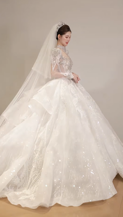 Timeless A-Line Long Wedding Dress Tulle Beaded High Neck White Bridal Gown Long Sleeves Bridal Dress DP05006