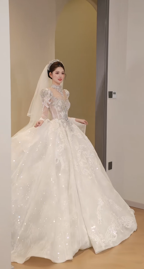 Timeless A-Line Long Wedding Dress Tulle Beaded High Neck White Bridal Gown Long Sleeves Bridal Dress DP05006
