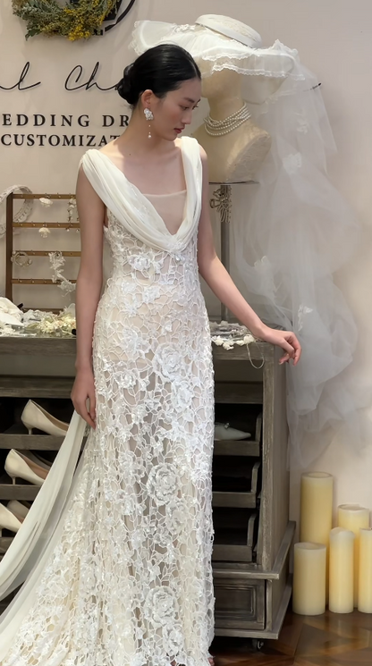 Timeless Sheath Long Wedding Dress Tulle Appliques V-neck White Bridal Gown Sleeveless Bridal Dress DP05007