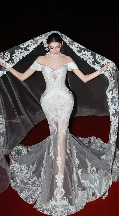 Timeless Mermaid Long Wedding Dress Tulle Appliques White Bridal Gown Cup Sleeves Bridal Dress DP05008
