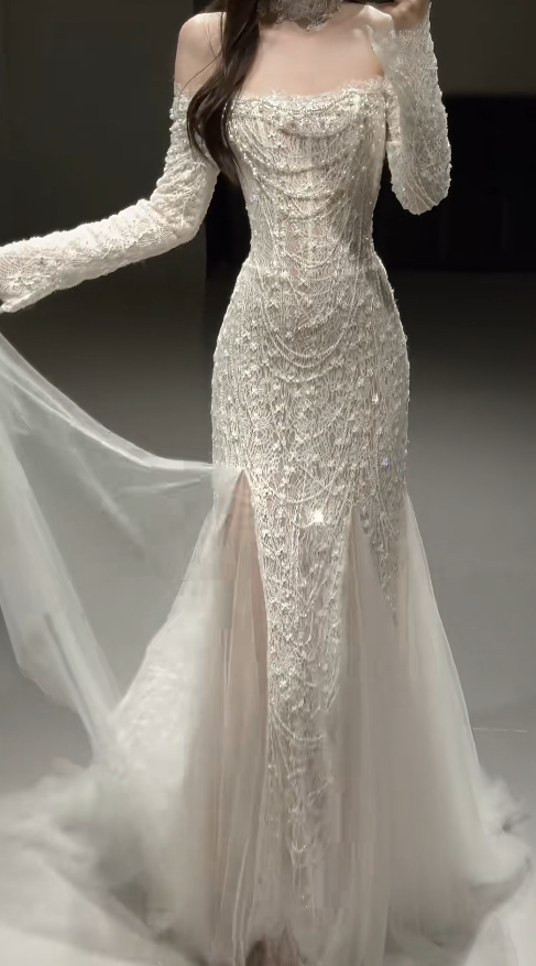 Timeless Mermaid Long Wedding Dress Tulle Beaded White Bridal Gown Long Sleeves Bridal Dress DP05009