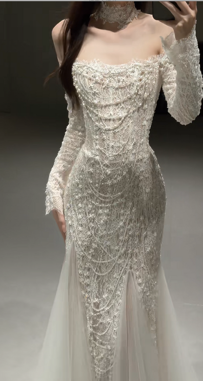 Timeless Mermaid Long Wedding Dress Tulle Beaded White Bridal Gown Long Sleeves Bridal Dress DP05009
