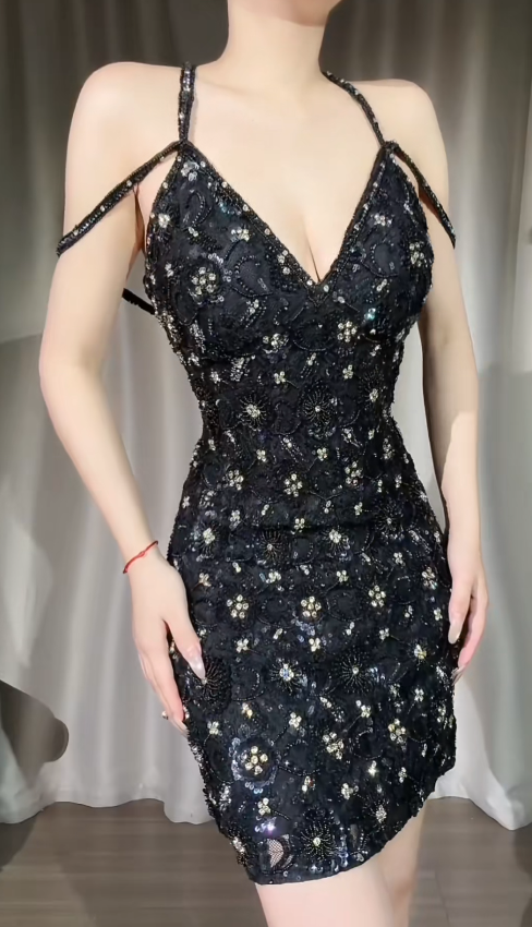 Chic Black Short Prom Dress Tulle Beaded Sheath Evening Dress Sleeveless Party Dress DP05014