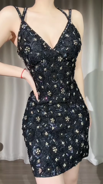 Chic Black Short Prom Dress Tulle Beaded Sheath Evening Dress Sleeveless Party Dress DP05014