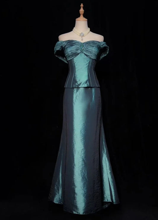 Elegant Long Teal Mother of Bride Dress Off-shoulder Satin Sheath Evening Dress DP05018