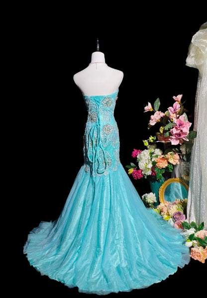 Cute Blue Long Prom Dress Tulle Appliques Mermaid Evening Dress Sleeveless Birthday Dress DP05019