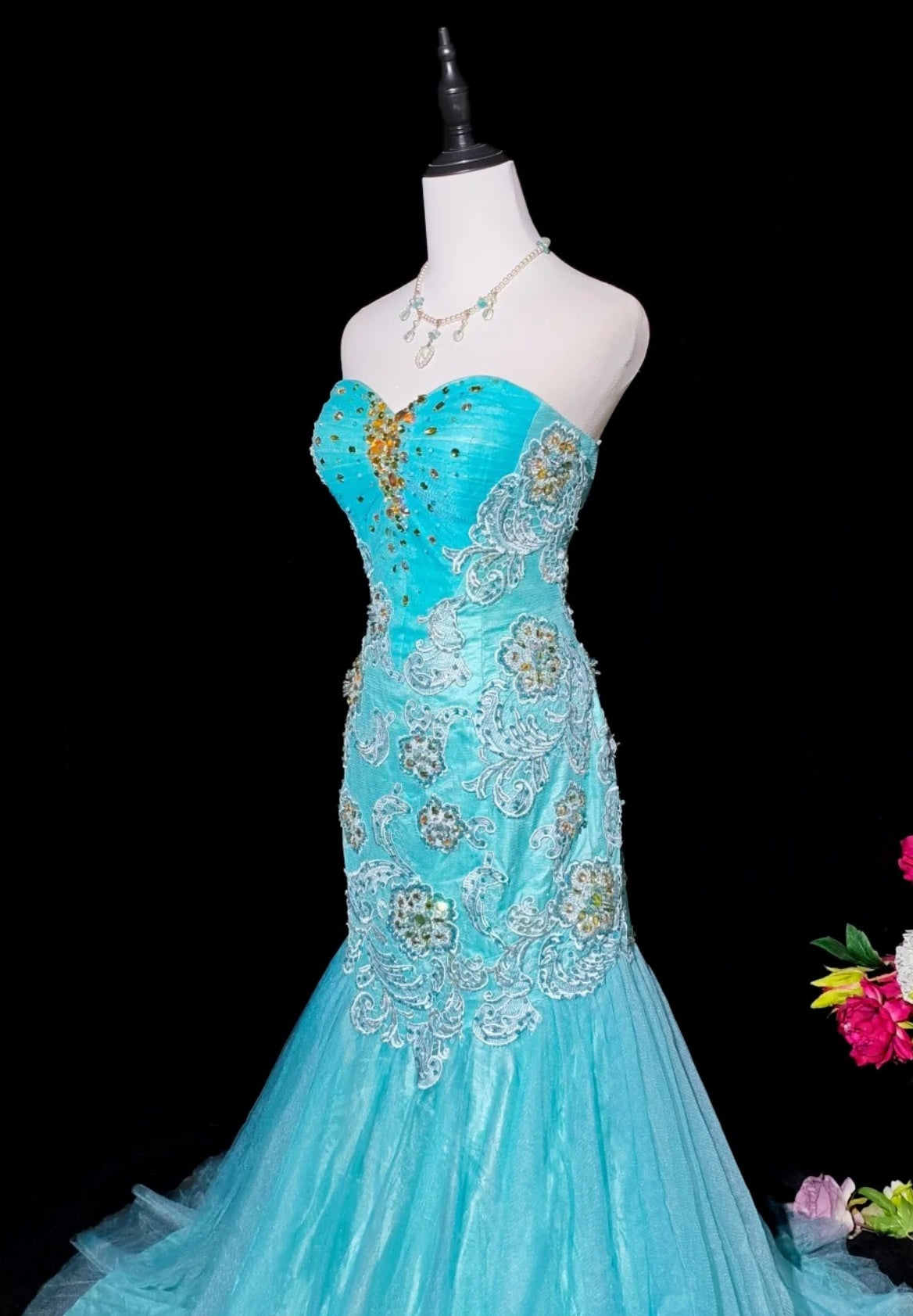 Cute Blue Long Prom Dress Tulle Appliques Mermaid Evening Dress Sleeveless Birthday Dress DP05019