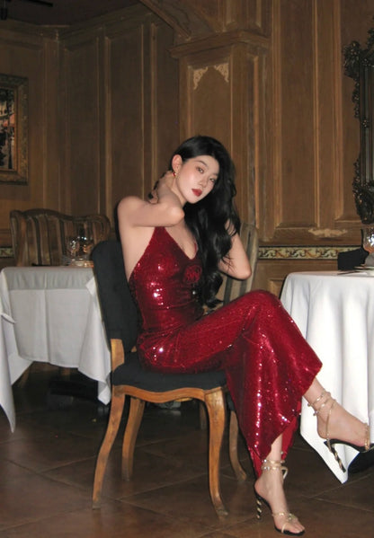 Sexy Burgundy Long Prom Dress Sequins Sheath Evening Dress Sleeveless Birthday Dress DP05022