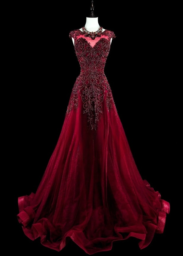 Chic Red Prom Dress Jewel A-Line Long Evening Dress Chiffon Appliques Sleeveless Formal Dress DP05043
