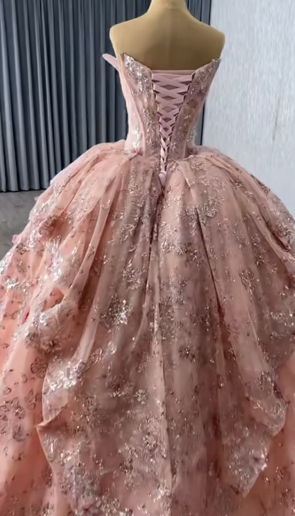 Gorgeous Pink Prom Dress Sweetheart A-Line Long Evening Dress Appliques Tulle Formal Dress DP05048