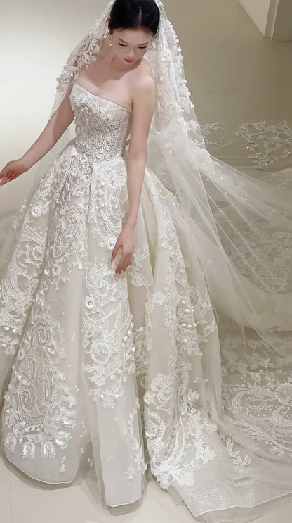 Timeless White Wedding Dress A-Line Strapless Bridal Dress Tulle Applique Bridal Gown DP05053