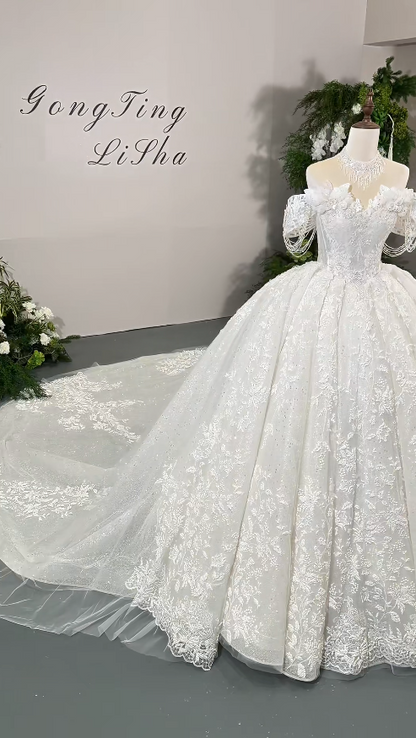 Timeless White Wedding Dress A-Line Off-shoulder Bridal Dress Tulle Applique Beaded Bridal Gown DP05054