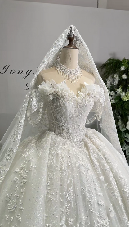 Timeless White Wedding Dress A-Line Off-shoulder Bridal Dress Tulle Applique Beaded Bridal Gown DP05054