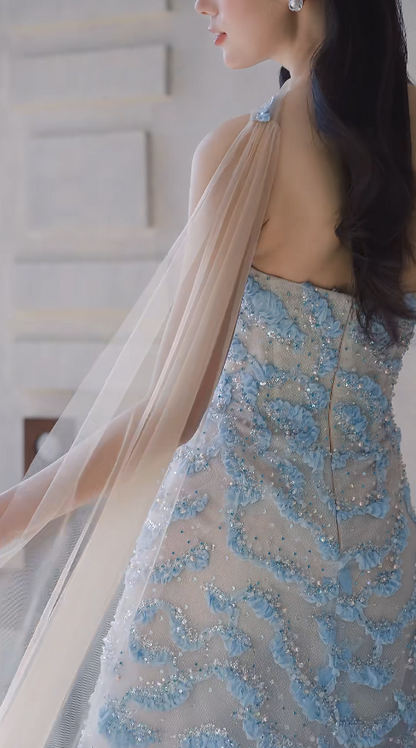 Timeless Blue Wedding Dress A-Line Strapless Bridal Dress Tulle Applique Bridal Gown DP05055