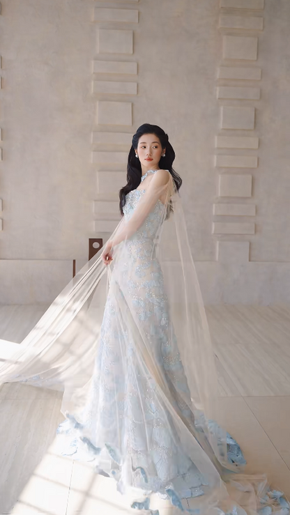 Timeless Blue Wedding Dress A-Line Strapless Bridal Dress Tulle Applique Bridal Gown DP05055