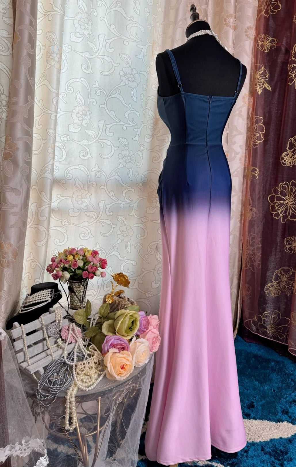 Vintage Pink Prom Dress Straps Sheath Evening Dress Satin  Formal Dress DP05058