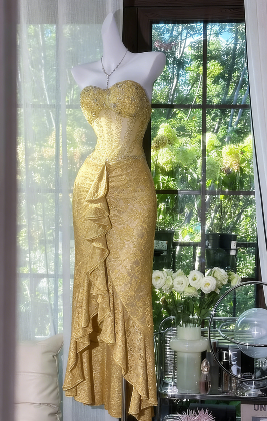Chic Gold Prom Dress Sweetheart Sheath Evening Dress Beaded Lace Sleeveless Birthday Dress DP05065