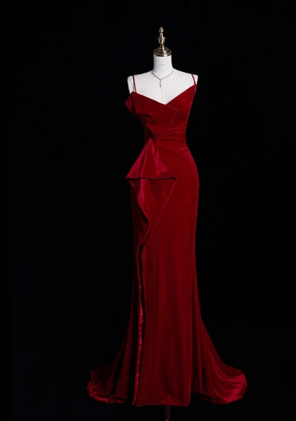 Chic Mermaid  Burgundy Prom Dress Sapghetti Straps Velvet  Evening Dress DP05072