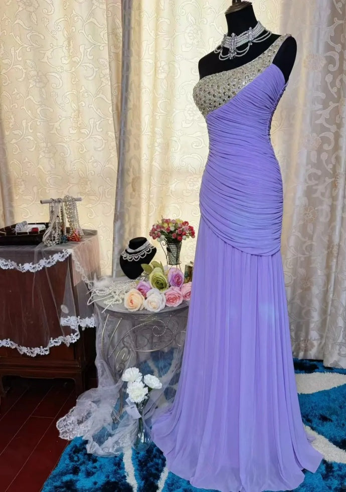 Chic Sheath Purple Prom Dress Chiffon Sleeveless Evening Dress DP05074