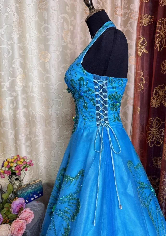 Chic A-Line Blue Prom Dress Tulle Sequins Sleeveless Evening Dress DP05075