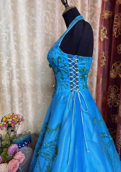 Chic A-Line Blue Prom Dress Tulle Sequins Sleeveless Evening Dress DP05075