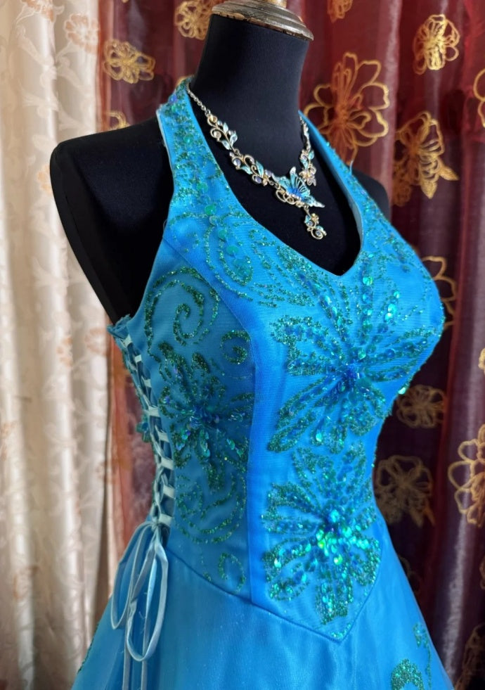 Chic A-Line Blue Prom Dress Tulle Sequins Sleeveless Evening Dress DP05075