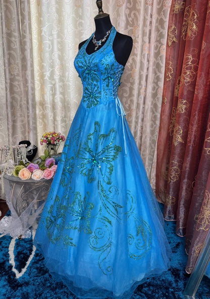 Chic A-Line Blue Prom Dress Tulle Sequins Sleeveless Evening Dress DP05075